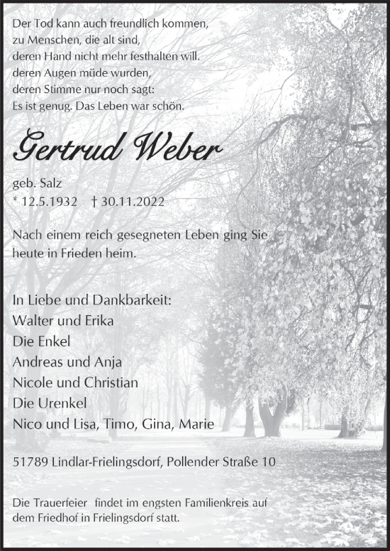 Anzeige von Gertrud Weber von  Anzeigen Echo 