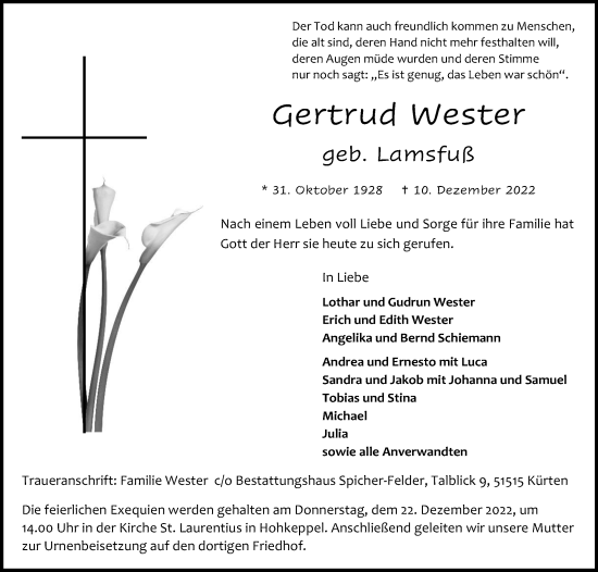 Anzeige von Gertrud Wester von Kölner Stadt-Anzeiger / Kölnische Rundschau / Express