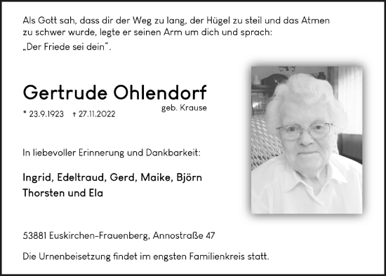 Anzeige von Gertrude Ohlendorf von  Blickpunkt Euskirchen 