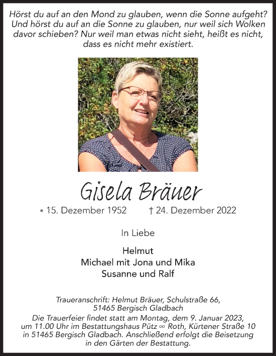 Anzeige von Gisela Bräuer von Kölner Stadt-Anzeiger / Kölnische Rundschau / Express