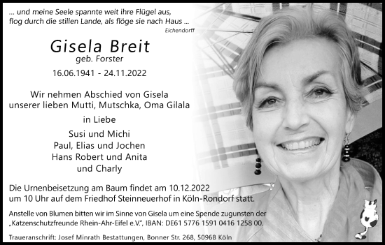 Anzeige von Gisela Breit von Kölner Stadt-Anzeiger / Kölnische Rundschau / Express