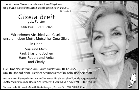 Anzeige von Gisela Breit von  Wochenende 