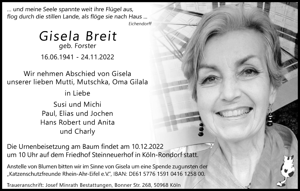  Traueranzeige für Gisela Breit vom 03.12.2022 aus Kölner Stadt-Anzeiger / Kölnische Rundschau / Express
