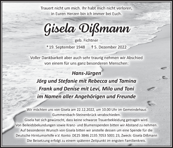 Anzeige von Gisela Dißmann von  Anzeigen Echo 