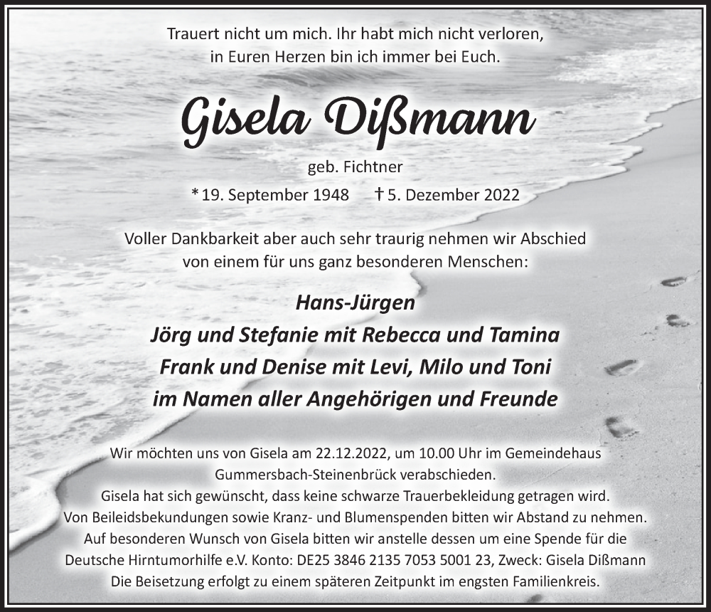  Traueranzeige für Gisela Dißmann vom 16.12.2022 aus  Anzeigen Echo 
