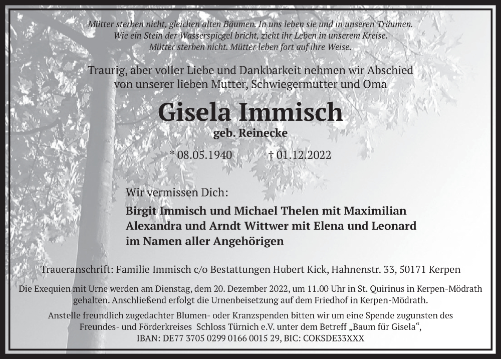  Traueranzeige für Gisela Immisch vom 16.12.2022 aus  Wochenende  Werbepost 
