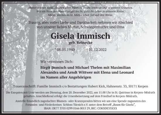 Anzeige von Gisela Immisch von  Wochenende  Werbepost 