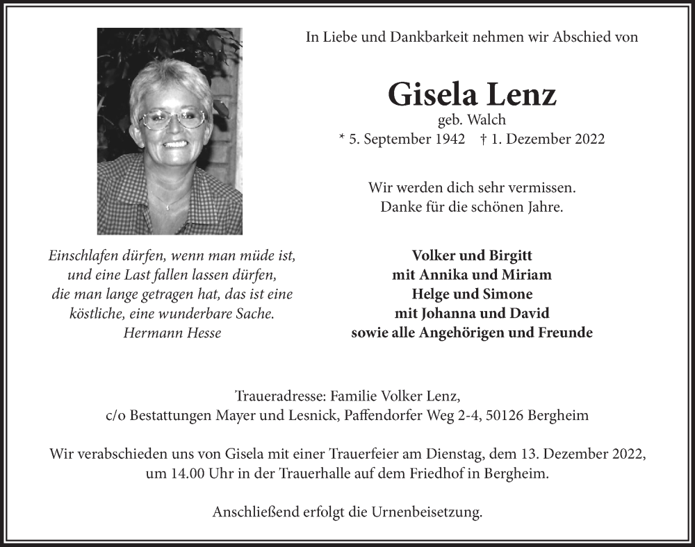  Traueranzeige für Gisela Lenz vom 09.12.2022 aus  Werbepost 