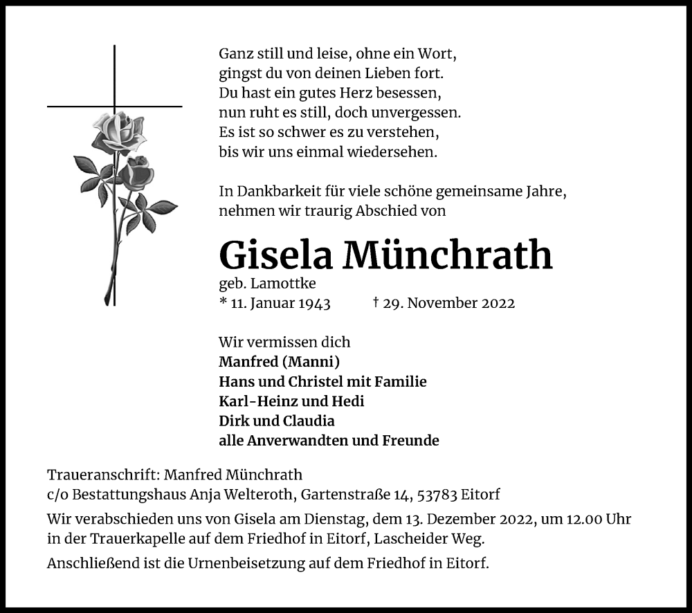  Traueranzeige für Gisela Münchrath vom 12.12.2022 aus Kölner Stadt-Anzeiger / Kölnische Rundschau / Express