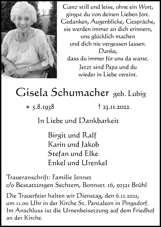 Anzeige von Gisela Schumacher von  Schlossbote/Werbekurier 