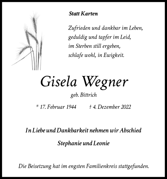 Anzeige von Gisela Wegner von Kölner Stadt-Anzeiger / Kölnische Rundschau / Express