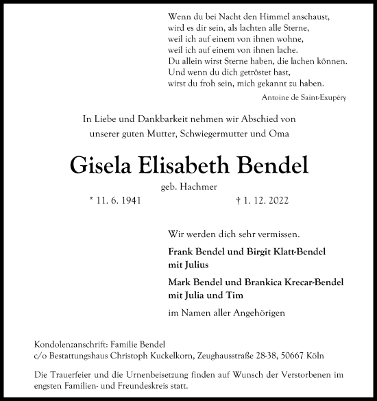 Anzeige von Gisela Elisabeth Bendel von Kölner Stadt-Anzeiger / Kölnische Rundschau / Express