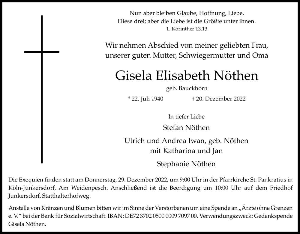  Traueranzeige für Gisela Elisabeth Nöthen vom 24.12.2022 aus Kölner Stadt-Anzeiger / Kölnische Rundschau / Express