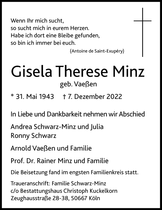 Anzeige von Gisela Therese Minz von Kölner Stadt-Anzeiger / Kölnische Rundschau / Express