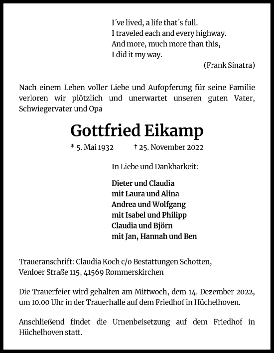 Anzeige von Gottfried Eikamp von Kölner Stadt-Anzeiger / Kölnische Rundschau / Express