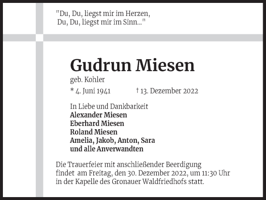 Anzeige von Gudrun Miesen von Kölner Stadt-Anzeiger / Kölnische Rundschau / Express