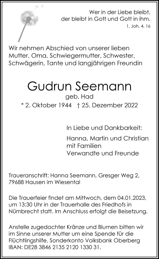 Anzeige von Gudrun Seemann von  Lokalanzeiger 