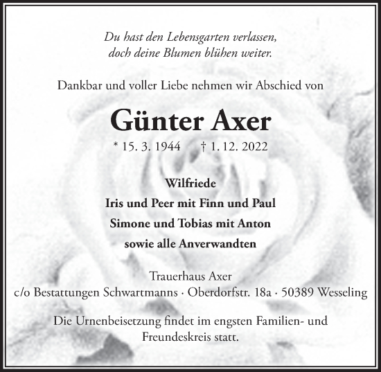 Anzeige von Günter Axer von  Schlossbote/Werbekurier 