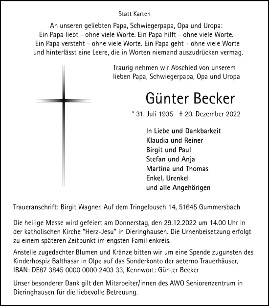 Anzeige von Günter Becker von Kölner Stadt-Anzeiger / Kölnische Rundschau / Express