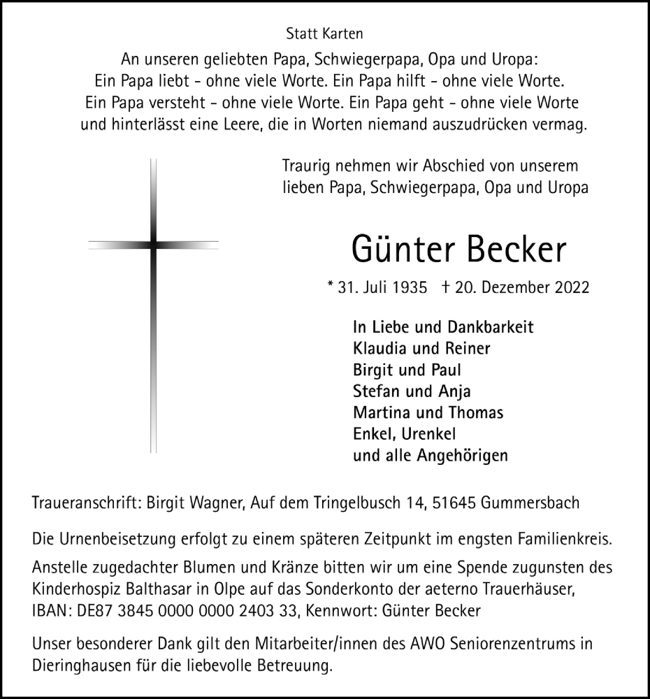  Traueranzeige für Günter Becker vom 29.12.2022 aus  Anzeigen Echo 