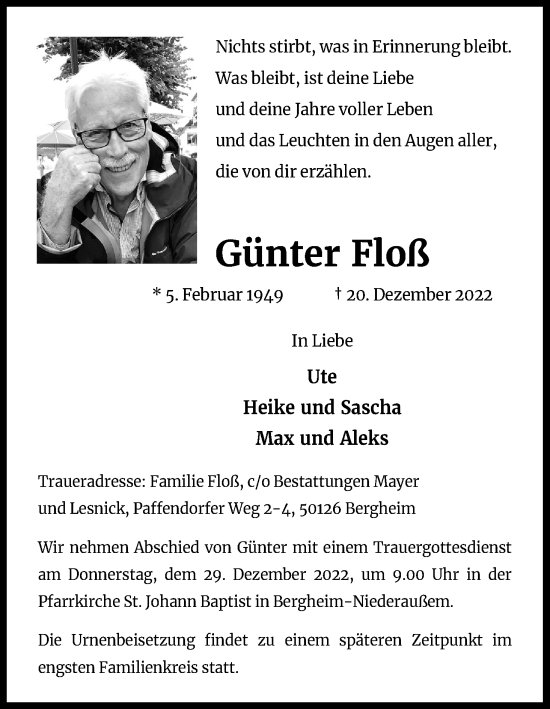 Anzeige von Günter Floß von Kölner Stadt-Anzeiger / Kölnische Rundschau / Express