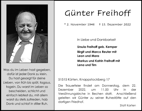 Anzeige von Günter Freihoff von Kölner Stadt-Anzeiger / Kölnische Rundschau / Express