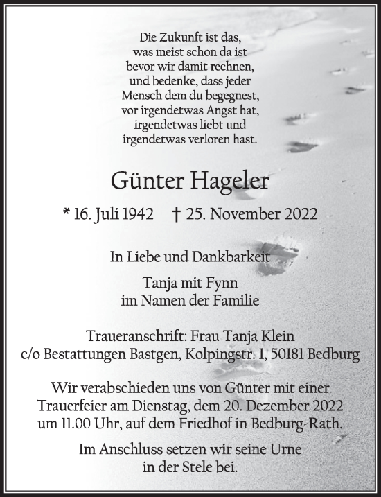 Anzeige von Günter Hageler von  Werbepost 