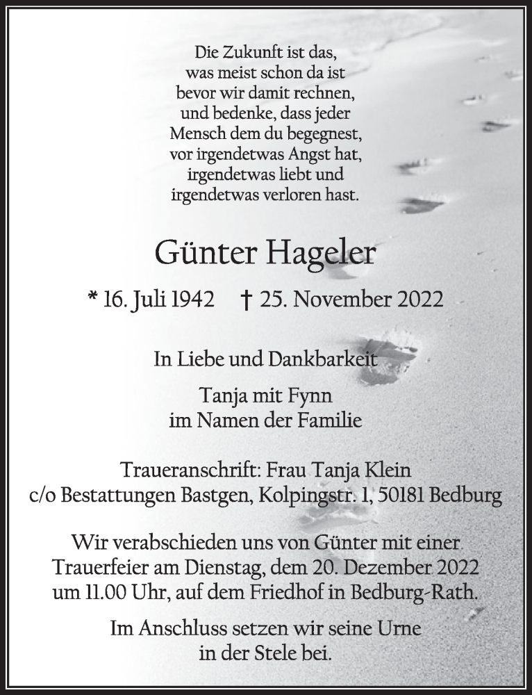  Traueranzeige für Günter Hageler vom 16.12.2022 aus  Werbepost 