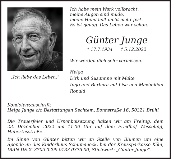 Anzeige von Günter Junge von  Schlossbote/Werbekurier 