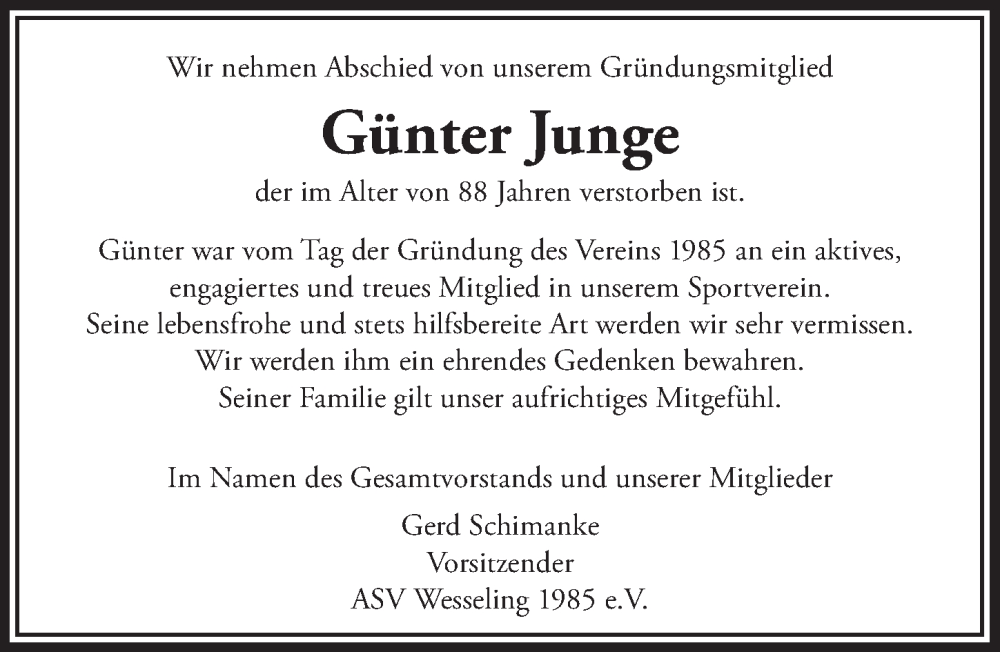  Traueranzeige für Günter Junge vom 16.12.2022 aus  Schlossbote/Werbekurier 