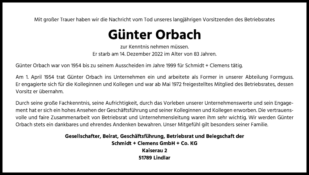  Traueranzeige für Günter Orbach vom 24.12.2022 aus Kölner Stadt-Anzeiger / Kölnische Rundschau / Express