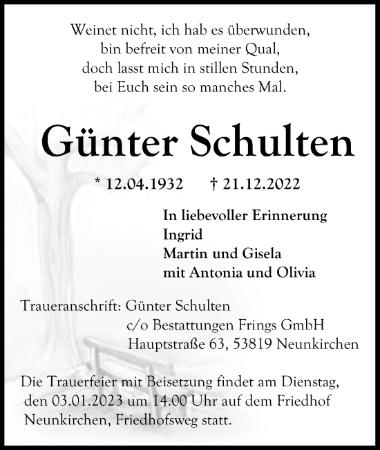 Anzeige von Günter Schulten von Kölner Stadt-Anzeiger / Kölnische Rundschau / Express