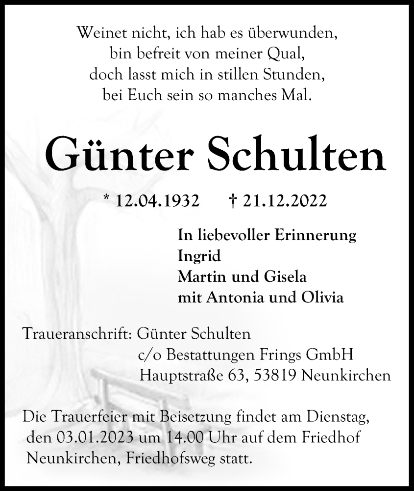  Traueranzeige für Günter Schulten vom 29.12.2022 aus Kölner Stadt-Anzeiger / Kölnische Rundschau / Express