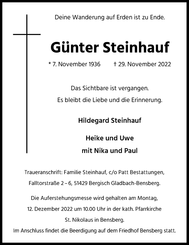  Traueranzeige für Günter Steinhauf vom 03.12.2022 aus Kölner Stadt-Anzeiger / Kölnische Rundschau / Express