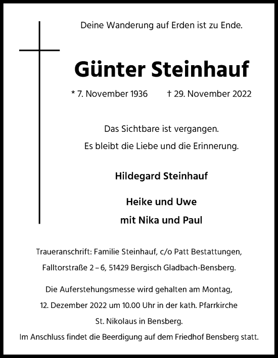 Anzeige von Günter Steinhauf von Kölner Stadt-Anzeiger / Kölnische Rundschau / Express