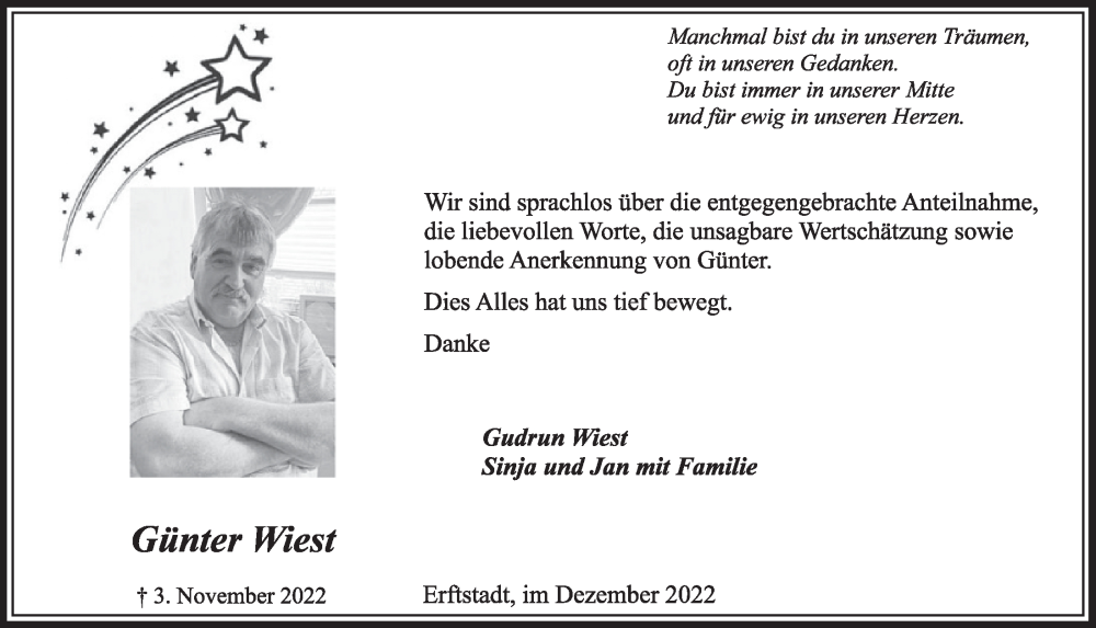  Traueranzeige für Günter Wiest vom 22.12.2022 aus  Werbepost 