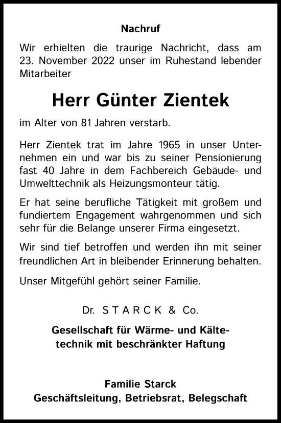 Anzeige von Günter Zientek von Kölner Stadt-Anzeiger / Kölnische Rundschau / Express