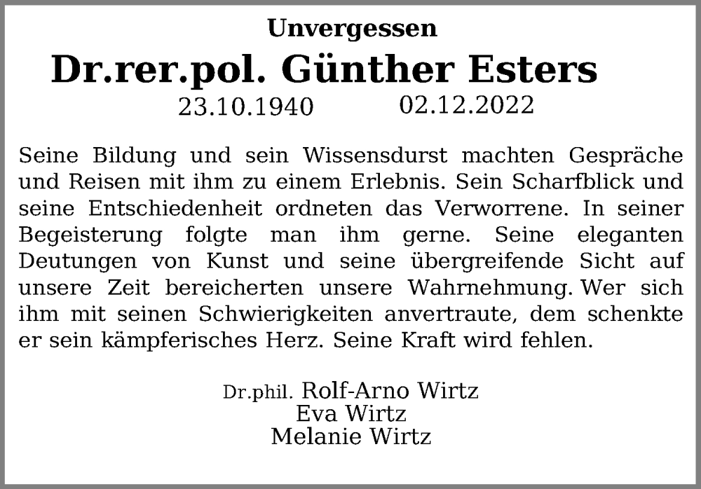  Traueranzeige für Günther Esters vom 31.12.2022 aus Kölner Stadt-Anzeiger / Kölnische Rundschau / Express