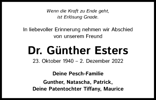 Anzeige von Günther Esters von Kölner Stadt-Anzeiger / Kölnische Rundschau / Express