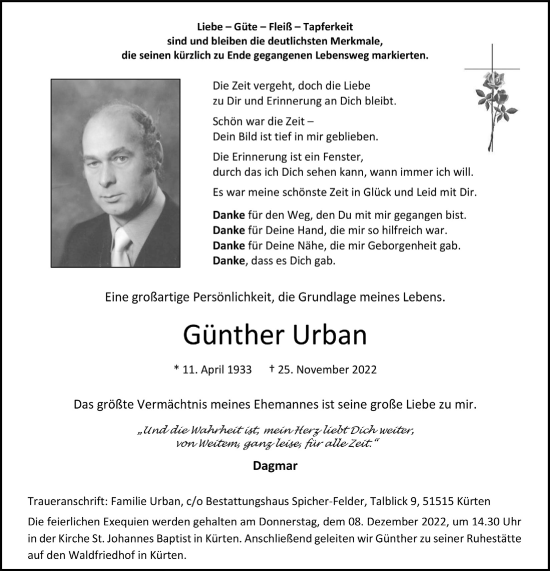 Anzeige von Günther Urban von  Bergisches Handelsblatt 