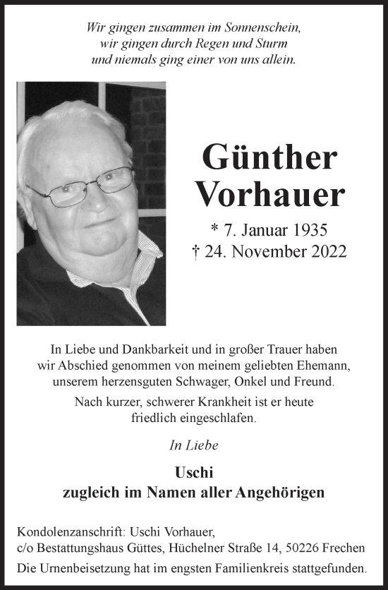Anzeige von Günther Vorhauer von  Wochenende 