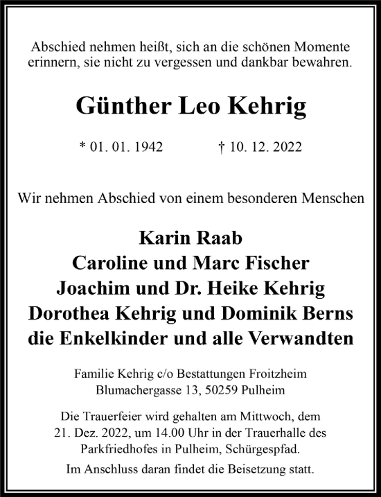 Anzeige von Günther Leo Kehrig von  Wochenende 