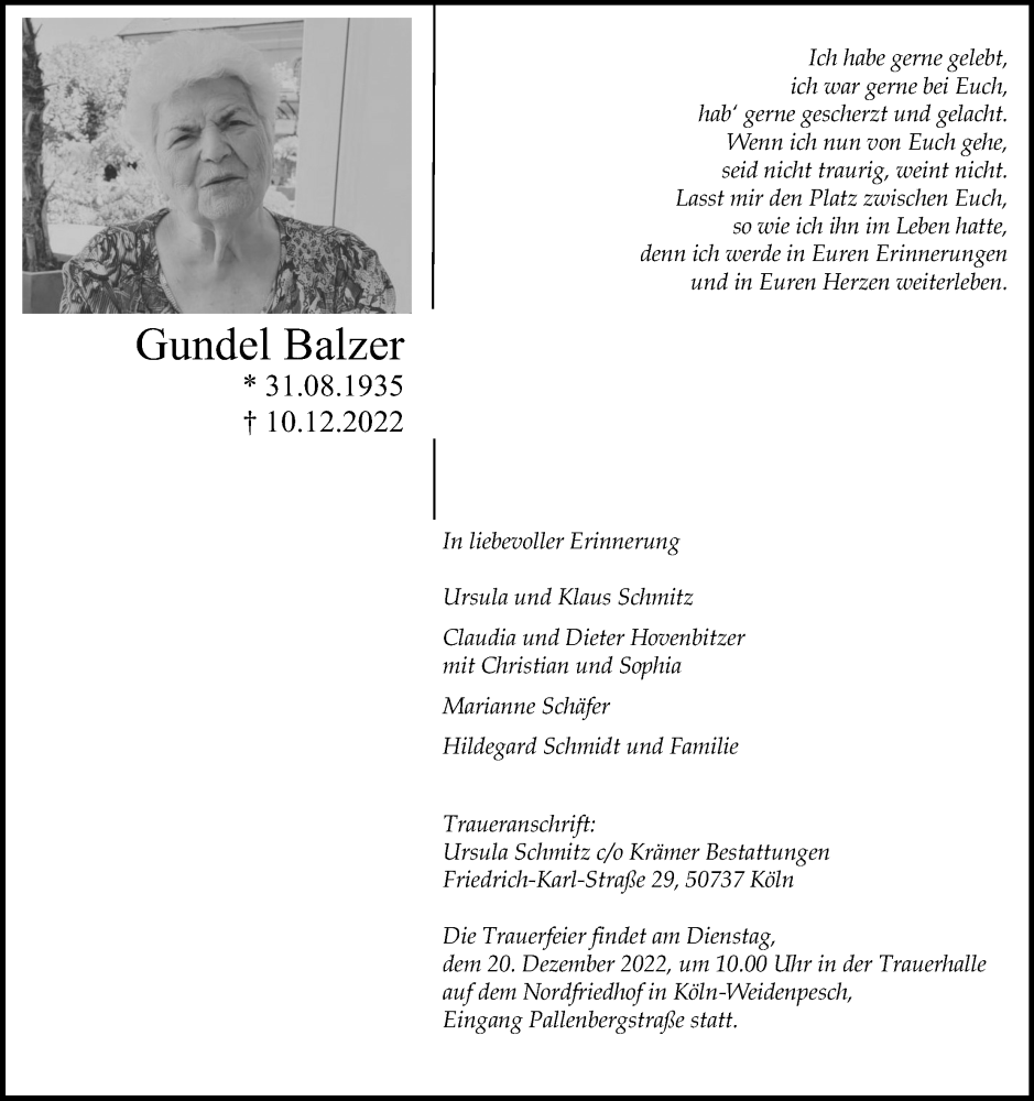  Traueranzeige für Gundel Balzer vom 17.12.2022 aus Kölner Stadt-Anzeiger / Kölnische Rundschau / Express