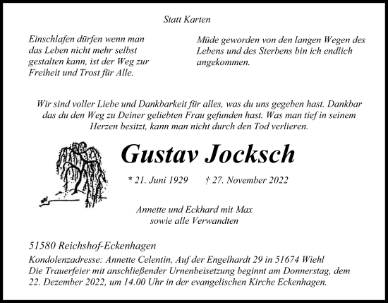 Anzeige von Gustav Jocksch von Kölner Stadt-Anzeiger / Kölnische Rundschau / Express