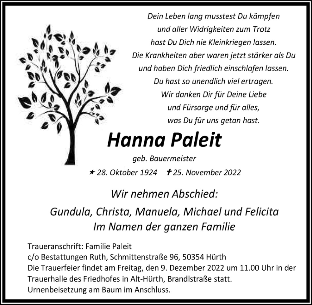  Traueranzeige für Hanna Paleit vom 02.12.2022 aus  Wochenende 
