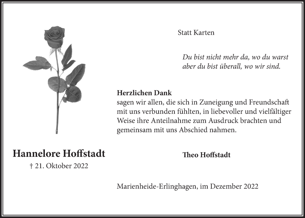  Traueranzeige für Hannelore Hoffstadt vom 09.12.2022 aus  Anzeigen Echo 