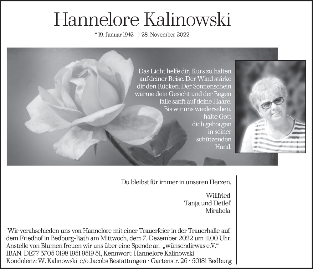  Traueranzeige für Hannelore Kalinowski vom 02.12.2022 aus  Werbepost 