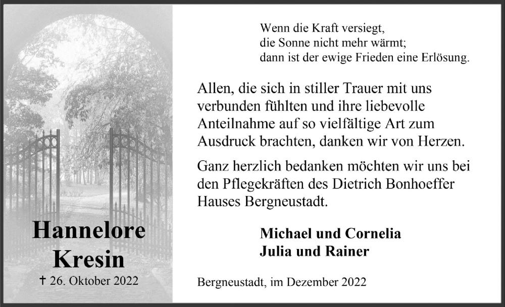  Traueranzeige für Hannelore Kresin vom 02.12.2022 aus  Anzeigen Echo 