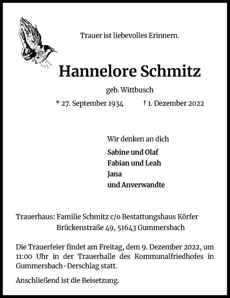 Traueranzeige für Hannelore Schmitz vom 03.12.2022 aus Kölner Stadt-Anzeiger / Kölnische Rundschau / Express