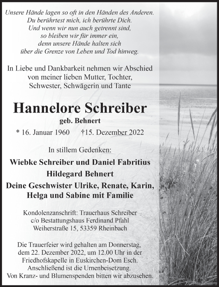  Traueranzeige für Hannelore Schreiber vom 17.12.2022 aus  Blickpunkt Euskirchen 
